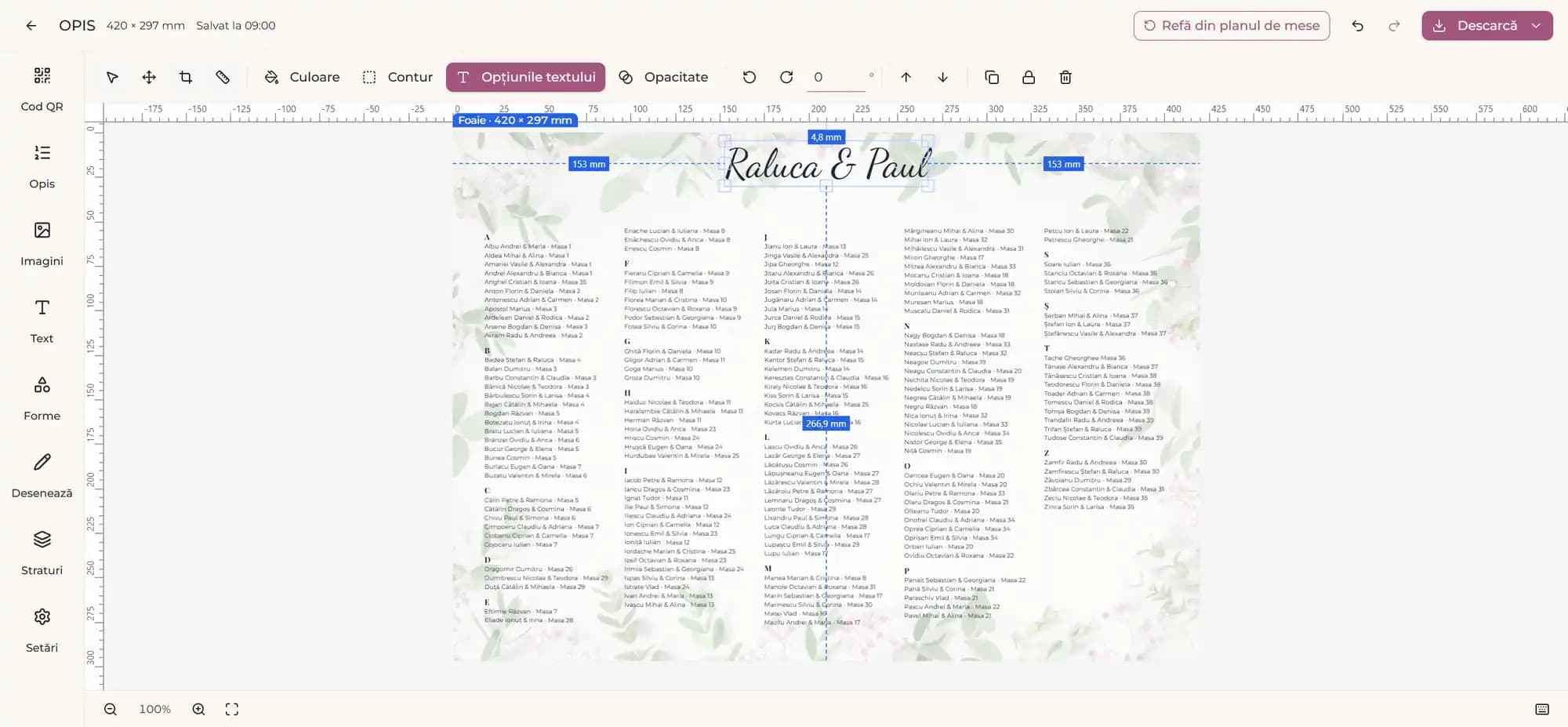 Editorul de opis Wedlio: lista invitaților A–Z pe o foaie A3 cu fundal floral, cu numele mirilor sus