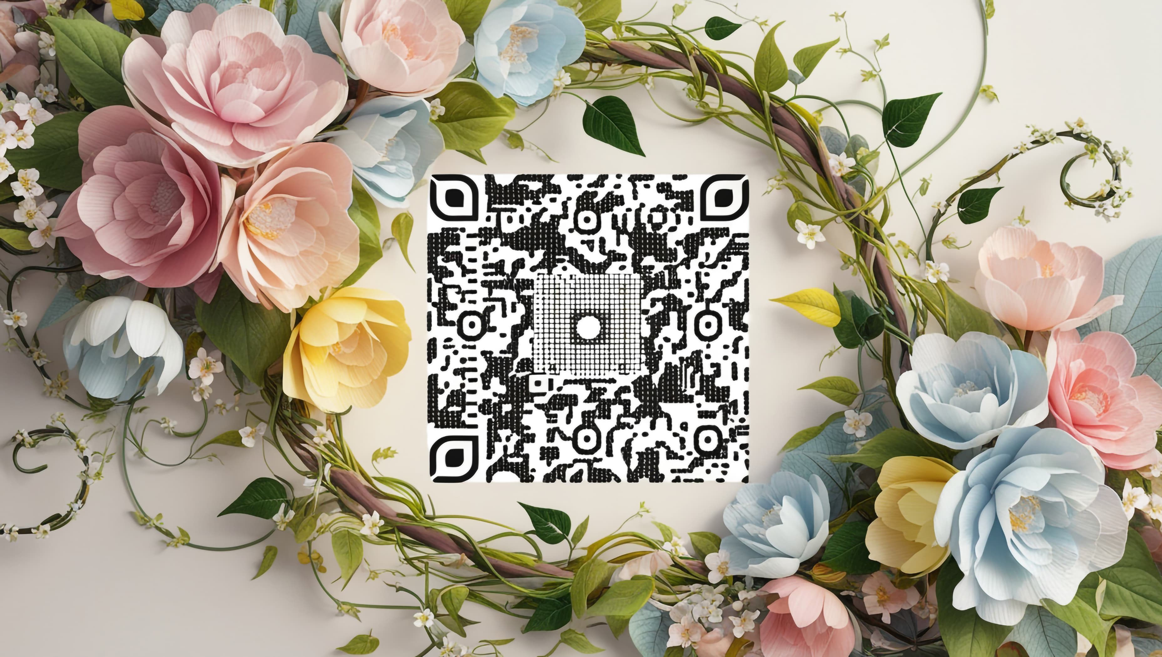 Cod QR pentru galeria foto de nuntă, înconjurat de flori pastelate